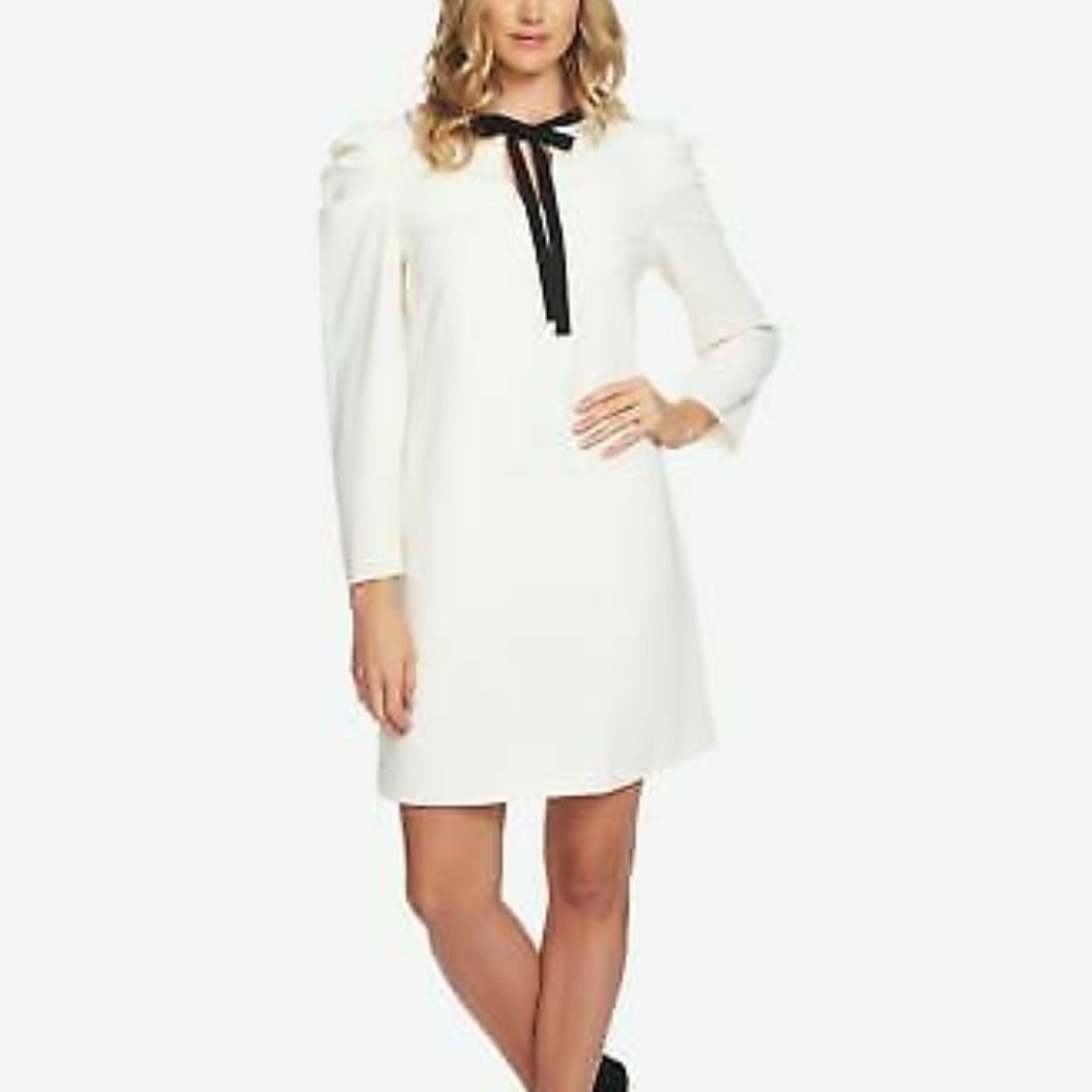 CeCe Puffed Sleeve White/Creme with Black Bow Dress - Size 6 - EUC